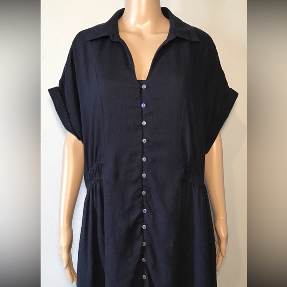None Dresses & Skirts - Unbranded Women's Dress Size 2X Navy Blue Button Up Cap Sleeve Linen Blend Maxi